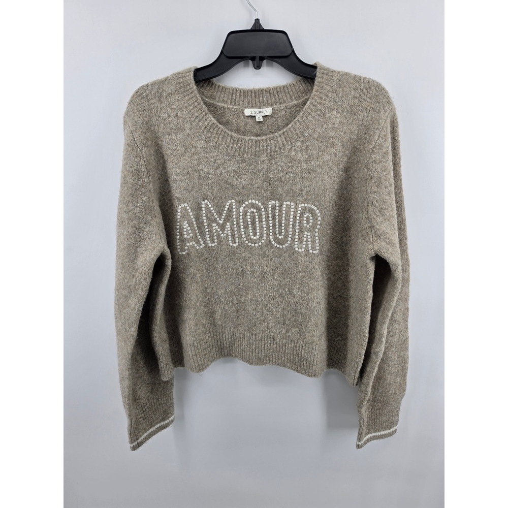 Z Supply Amour Milan Sweater Cream Beaded Graphic XL